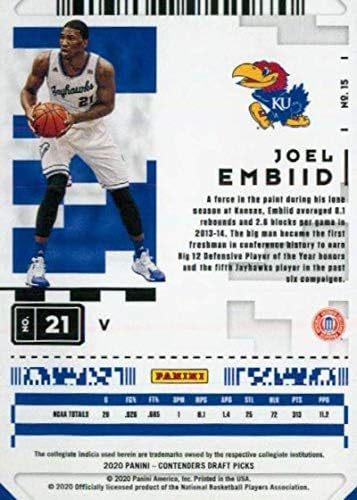 2020-21 Panini Yarışmacıları Taslak Seçtikleri Prospect Bilet Varyasyonu 15 Joel Embiid Kansas Jayhawks Resmi NCAA Basketbol