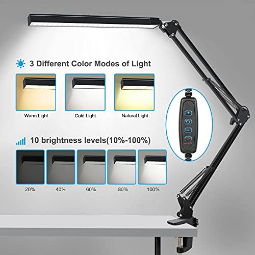 ODOM LED Masa Lambası, Kelepçeli Ayarlanabilir Salıncak Kolu Masa Lambası, 10W Mimar Metal Masa Lambası, 3 Renk Modu 10 Parlaklık