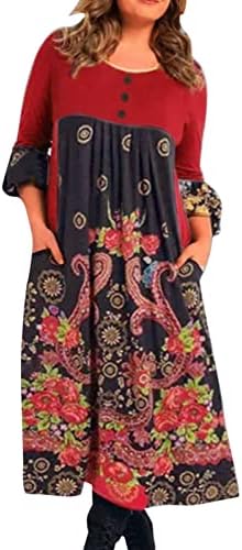 Kadınlar Casual Uzun Kollu Elbiseler Çiçek Baskı Retro İmparatorluğu Bel Gevşek Elbise Casual Bohemian Midi Elbiseler ıle Cepler