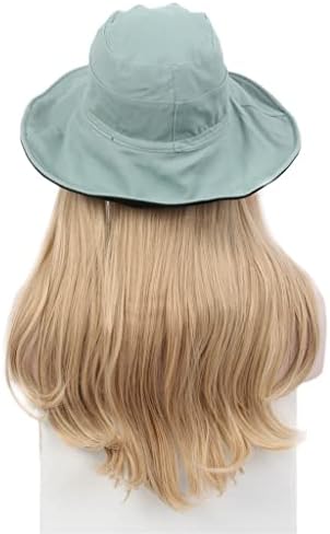 PDGJG Moda Bayanlar Saç Şapka Bir Yeşil Gölge Balıkçı Şapka Peruk Uzun Düz Altın Peruk Şapka Bir