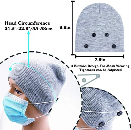 Erkekler Kadınlar için Örgü Bere Kapağı, Yüz Maskesini Tutmak için 4 Ekstra Düğmeli Yumuşak ve Sıcak Akrilik Şapka