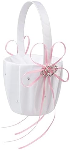Çift Kalp Düğün Çiçek Kız Basket Beyaz Saten Rhinestone Dekor Pembe Düğün Ziyafet Çiçek Sepeti (Renk: Pembe)
