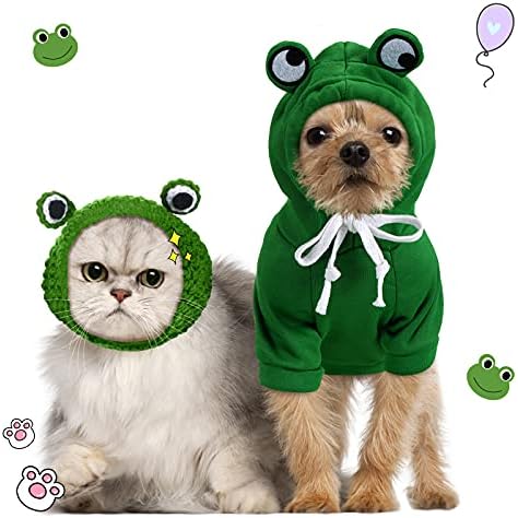 Hillban 2 Parça Noel Köpekler Kurbağa Giyim Kostümleri Bulldog Kapüşonlu Sweatshirt ve Kurbağa Şapka Yeşil Köpek Kış sıcak