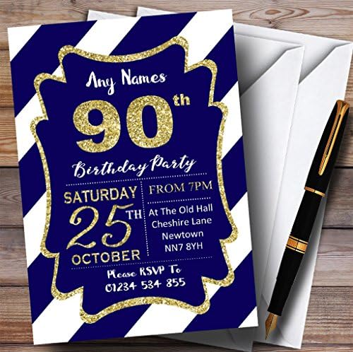 Mavi Beyaz Çapraz Çizgili Altın 90. Kişiselleştirilmiş Doğum Günü Partisi Davetiyeleri