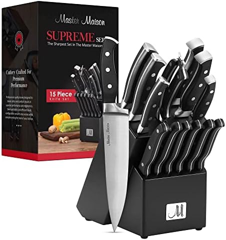 Master Maison Premium 15 Parçalı Mutfak Bıçağı Seti, Ahşap Saklama Bloğu Ve Balta Bıçağı Seti, Kenar Koruyucu Kapaklı Ve Hediye