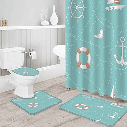 4 Parça Duş Perde Setleri ile Kaymaz Kilim, Tuvalet Kapağı Kapak ve Banyo Paspas, karikatür Yat Lifebuoy Martı Direksiyon Mavi