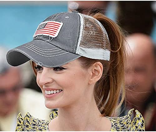 Kadın Amerikan Bayrağı At Kuyruğu Beyzbol Kapaklar Sıkıntılı Kamyon şoförü baba Şapka Örgü Nefes Açık güneş şapkaları