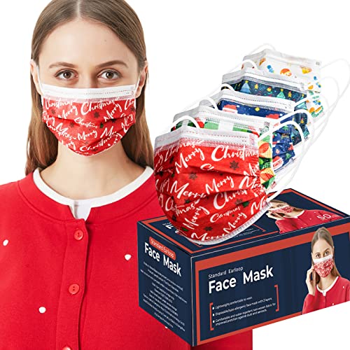 Burun Klipsli 50 Adet Yetişkin Tek Kullanımlık Yüz Maskeleri, 3 Katlı ve Ayarlanabilir Toz Maskeleri (Noel)