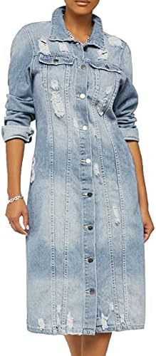 Jchen_Women Ceket Bayan Denim Jean Ceketler Ripped Sıkıntılı Düğme Aşağı Orta Uzun Artı Boyutu Uzun Kollu Giyim Ceket