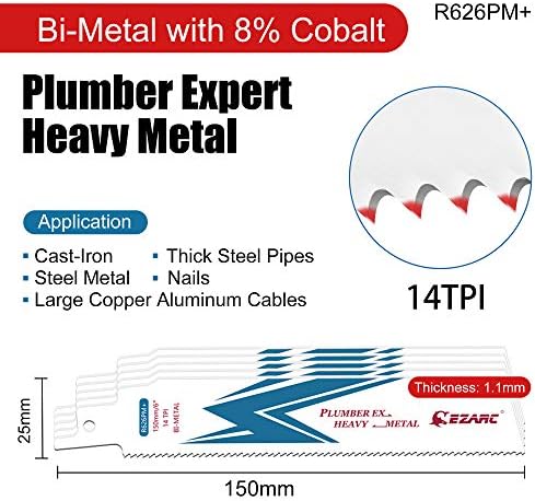 EZARC Pistonlu Testere Bıçağı Bi-Metal Kobalt Sabre Ağır Metal Kesme için Testere Bıçakları 6-İnch 14TPI R626PM +(5-Pack)