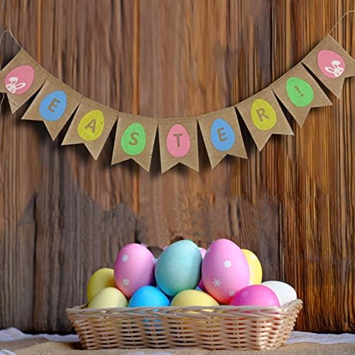Bluecell Mutlu Paskalya Çuval Bezi Afiş Süslemeleri Renkli Tavşan ve Yumurta Baskılı Desen Bunting Banner Garland ev partisi