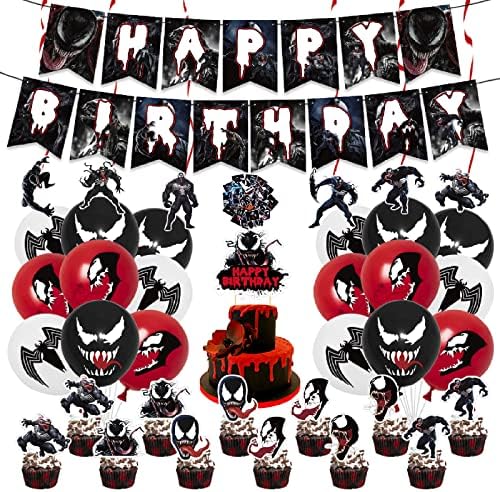 102 Venom Pcs Parti Süslemeleri, Venom Doğum Günü Parti Malzemeleri, İçerir Banner, 1 Kek Topper, 12 Kek Toppers, 18 Balonlar,
