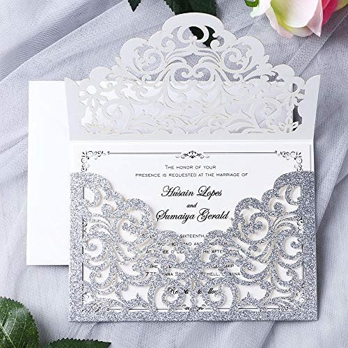 YIMIL 20 Pcs Lazer Kesim düğün davetiyesi kartı için Zarf ile Düğün Quinceanera Gelin Duş Bebek Duş Parti Davet (Gümüş Glitter)