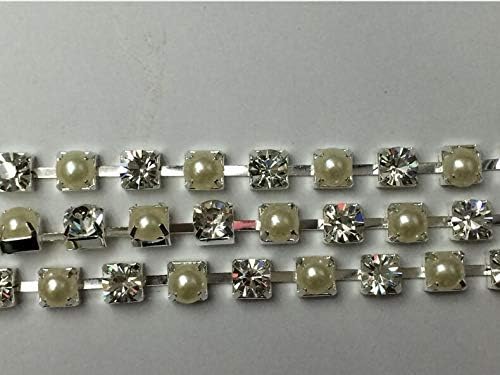DS-07307 10 Metre 4mm (SS16) Kristal&İnci Trim Rhinestone Aplike Düğün Aplike Rhinestone Zinciri NTONG006 - (Tip: Gümüş)