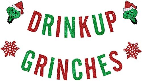 PALASASA İçecek Up Grinches Banner-Kırmızı ve Yeşil Glitter Noel Parti Malzemeleri, Grinch Noel Süslemeleri, Grinch Zemin,