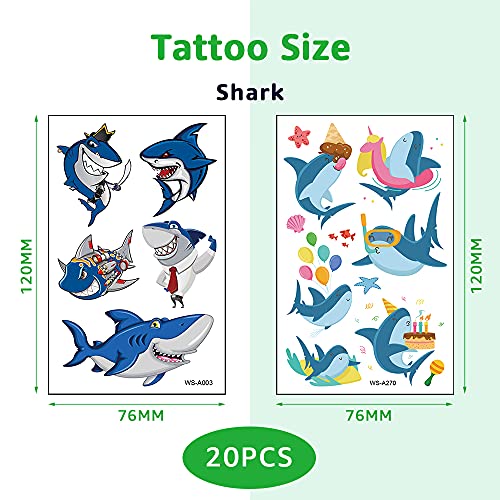 MARSFORCE Geçici Dövmeler Çocuklar için, 20 Yaprak Köpekbalığı Dövmeler, güzel Su Geçirmez Geçici Dövmeler Erkek Kız Gençler
