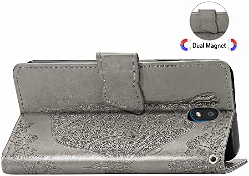 Aipyy deri cüzdan Kılıf LG X2 2019 Kelebek Kabartmalı Gri,PU deri cüzdan Kart Yuvaları Kapak Manyetik Kapatma Standı Flip LG
